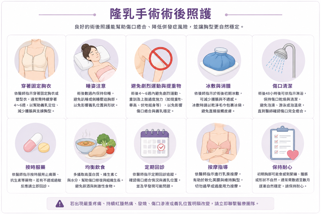 隆乳手術術後照護示意影像