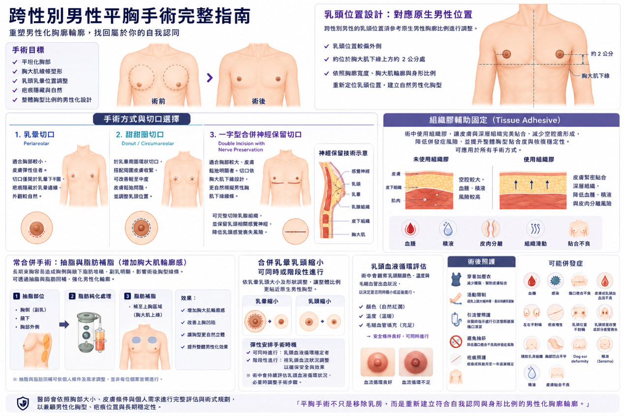 跨性別男性平胸手術完整指南資訊圖，包含手術目標、乳頭位置設計、切口選擇、組織膠固定、合併抽脂與脂肪補脂、乳暈乳頭縮小、術後照護與可能併發症。