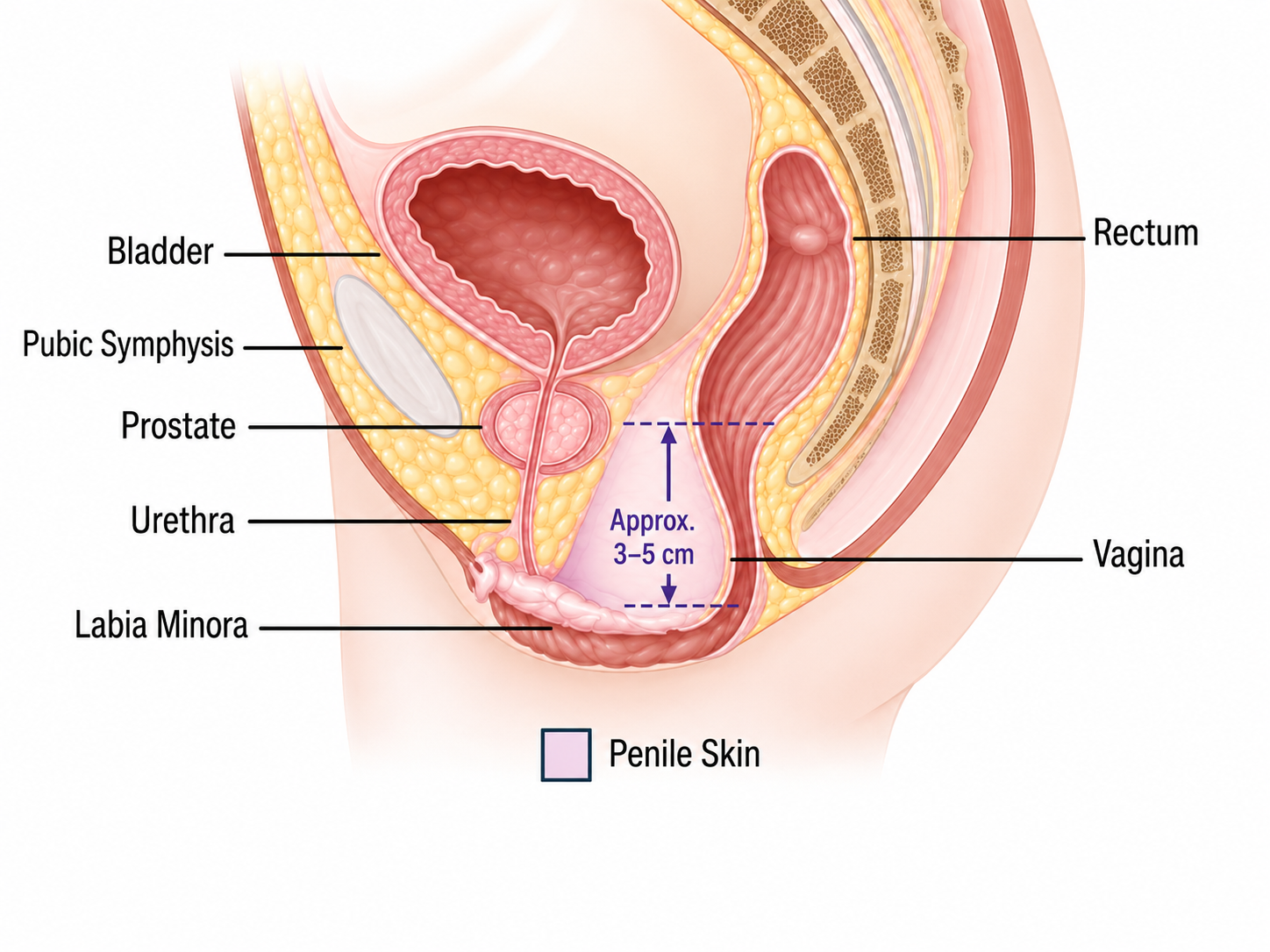 Postoperative diagram after limited-depth vaginoplasty, showing the bladder, pubic symphysis, prostate, urethra, labia, vaginal opening, and a shallow vaginal space measuring approximately 3 to 5 cm.