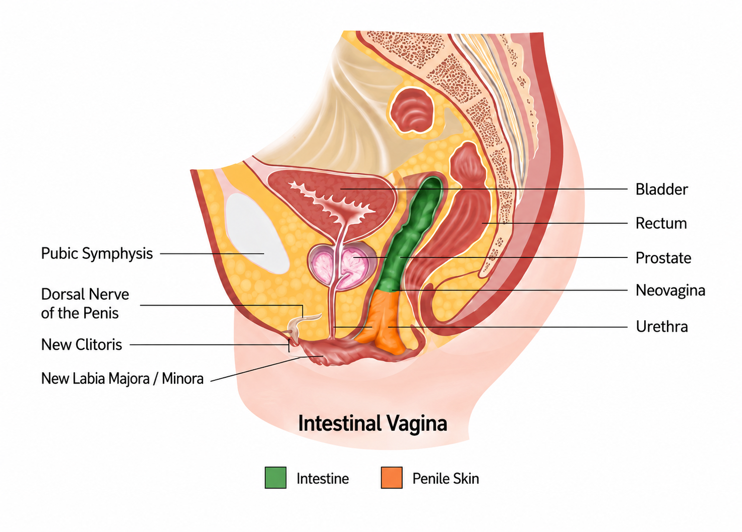 Postoperative neovagina schematic after sigmoid vaginoplasty, showing that the upper two-thirds of the vaginal canal is lined with intestinal tissue and the lower one-third is composed of penile skin.