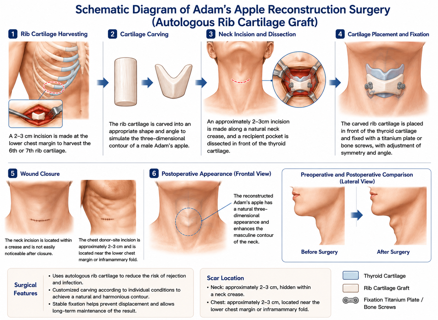 Diagram of Adam's apple reconstruction using rib cartilage graft fixation